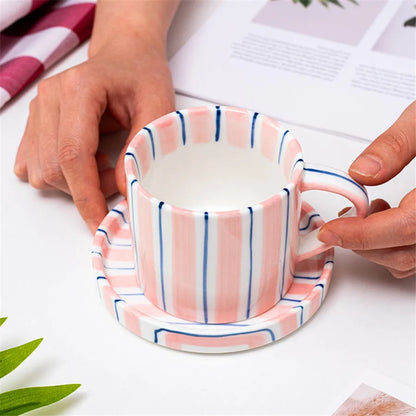Ceramic Coffee Cup Set - Minimalist Striped Hand Drawn Design, 280ml Eco Friendly - ZOOMNSTORE