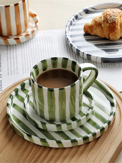 Ceramic Coffee Cup Set - Minimalist Striped Hand Drawn Design, 280ml Eco Friendly - ZOOMNSTORE
