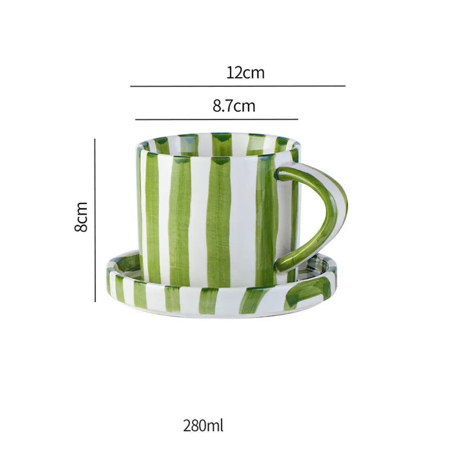 Ceramic Coffee Cup Set - Minimalist Striped Hand Drawn Design, 280ml Eco Friendly - ZOOMNSTORE