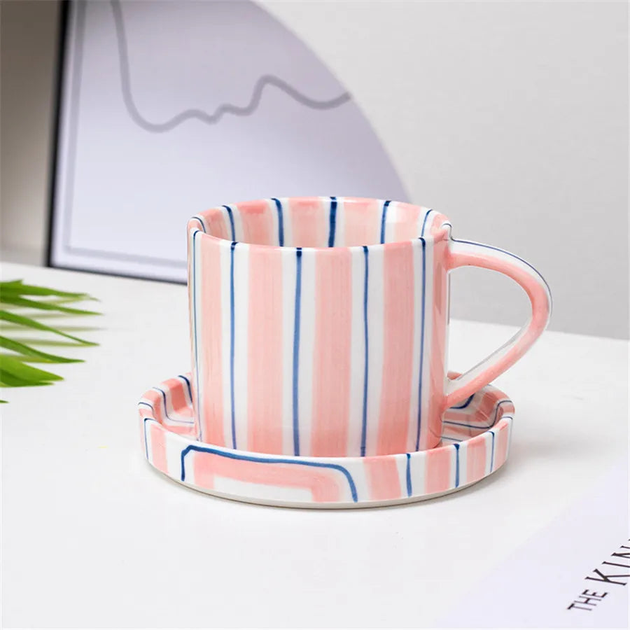 Ceramic Coffee Cup Set - Minimalist Striped Hand Drawn Design, 280ml Eco Friendly - ZOOMNSTORE