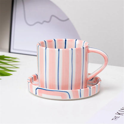 Ceramic Coffee Cup Set - Minimalist Striped Hand Drawn Design, 280ml Eco Friendly - ZOOMNSTORE