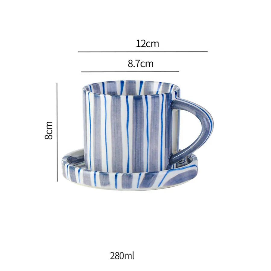 Ceramic Coffee Cup Set - Minimalist Striped Hand Drawn Design, 280ml Eco Friendly - ZOOMNSTORE