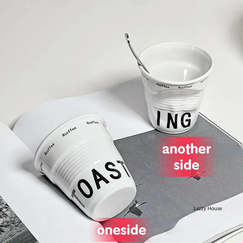 Ceramic Coffee Mug - 200ml White Porcelain Coffee Cup Nordic Style Wrinkle Texture - ZOOMNSTORE