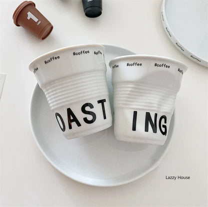 Ceramic Coffee Mug - 200ml White Porcelain Coffee Cup Nordic Style Wrinkle Texture - ZOOMNSTORE