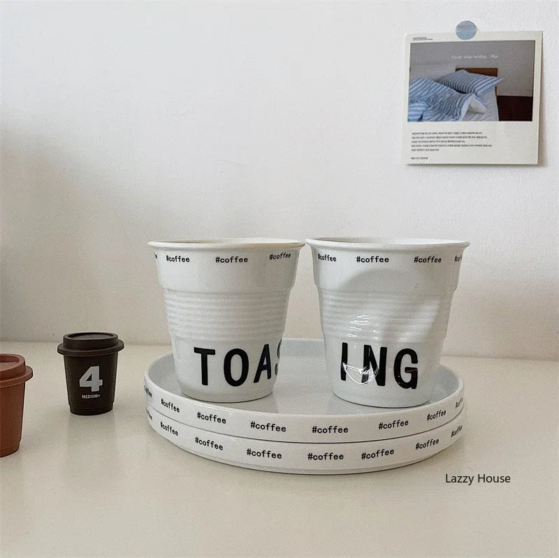 Ceramic Coffee Mug - 200ml White Porcelain Coffee Cup Nordic Style Wrinkle Texture - ZOOMNSTORE