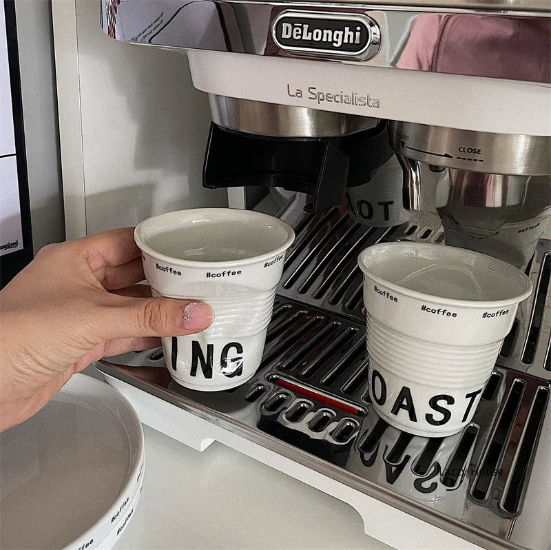 Ceramic Coffee Mug - 200ml White Porcelain Coffee Cup Nordic Style Wrinkle Texture - ZOOMNSTORE