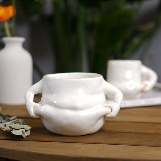 Ceramic Coffee Mug – Fat Belly Milk Tea Cup with Double Handle for Hot Cold Drinks - ZOOMNSTORE