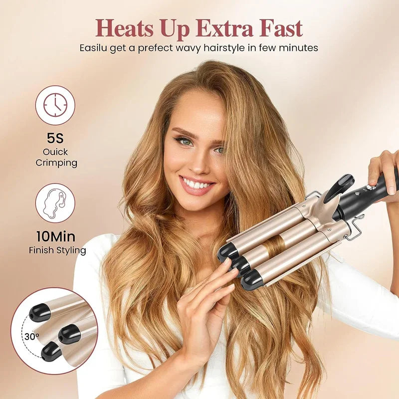 Ceramic Curling Iron - 1 Inch Triple Barrel Curler With LCD Temperature Display - ZOOMNSTORE