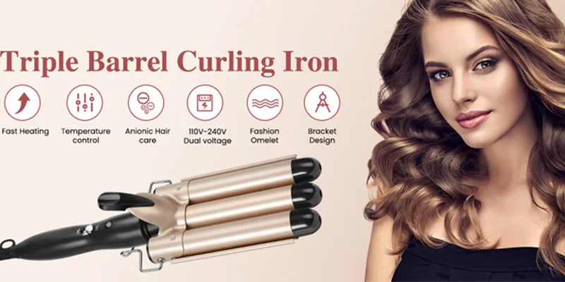 Ceramic Curling Iron - 1 Inch Triple Barrel Curler With LCD Temperature Display - ZOOMNSTORE
