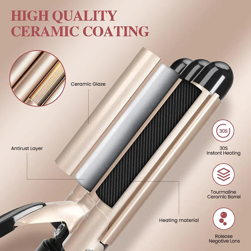 Ceramic Curling Iron - 1 Inch Triple Barrel Curler With LCD Temperature Display - ZOOMNSTORE