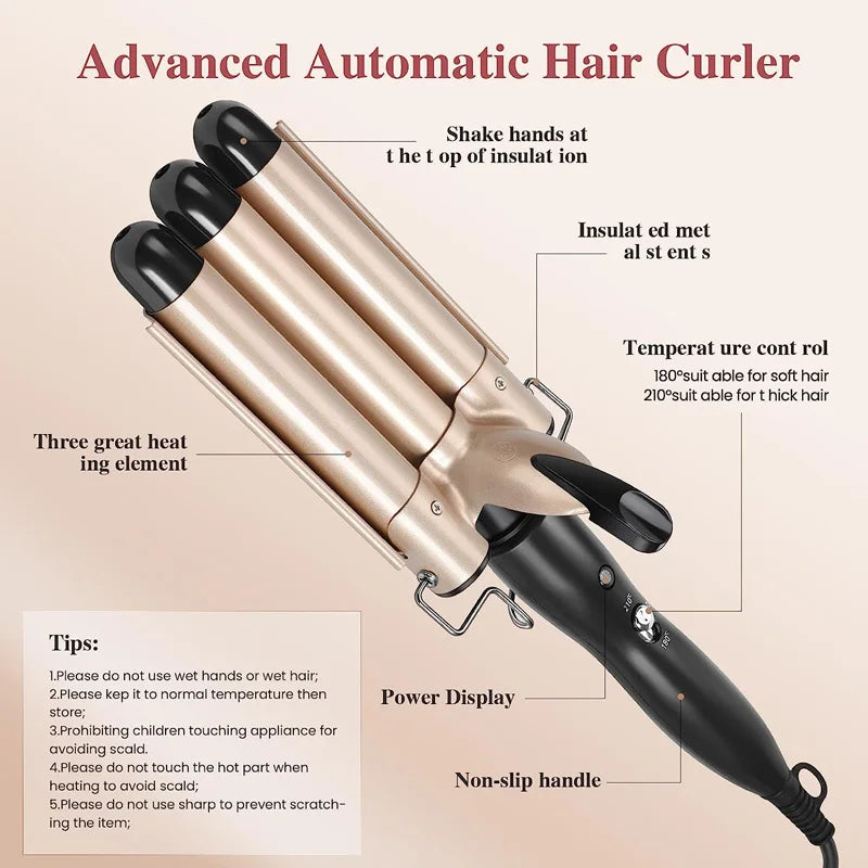 Ceramic Curling Iron - 1 Inch Triple Barrel Curler With LCD Temperature Display - ZOOMNSTORE