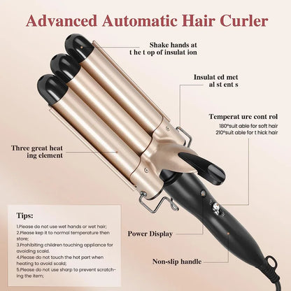 Ceramic Curling Iron - 1 Inch Triple Barrel Curler With LCD Temperature Display - ZOOMNSTORE