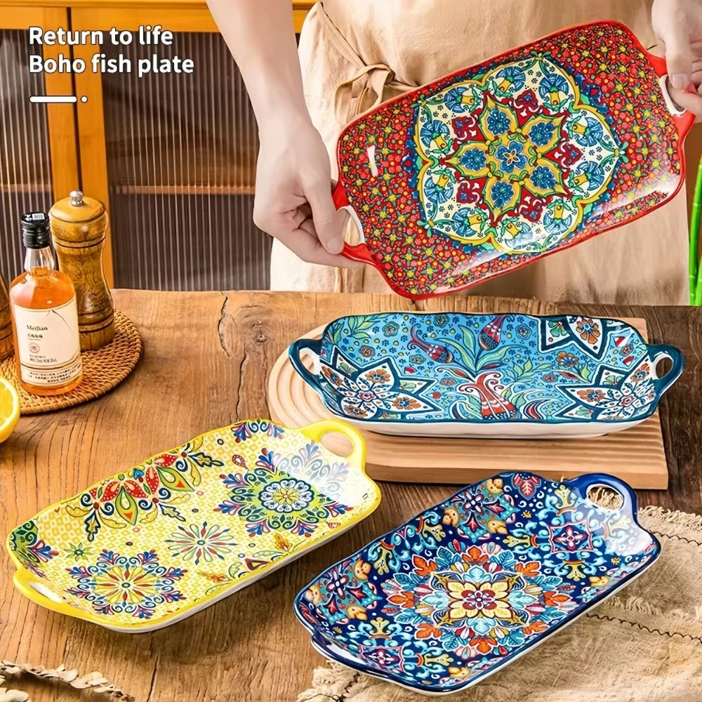 Bohemian Ceramic Fish Dish with Handle - 128-Inch Rectangular Tray Microwave  Oven Safe - ZOOMNSTORE