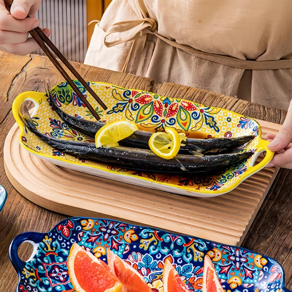 Bohemian Ceramic Fish Dish with Handle - 128-Inch Rectangular Tray Microwave  Oven Safe - ZOOMNSTORE