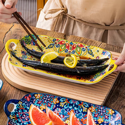 Bohemian Ceramic Fish Dish with Handle - 128-Inch Rectangular Tray Microwave  Oven Safe - ZOOMNSTORE