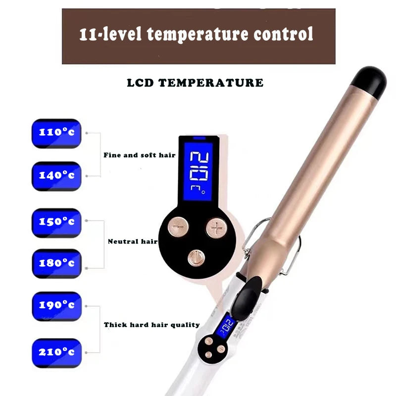 Ceramic Hair Curler - Professional 9mm to 38mm LCD Curling Iron Wand with Tourmaline Barrel - ZOOMNSTORE