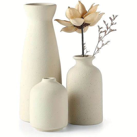 Set of 3 Rustic Ceramic Vases - Modern Farmhouse Decor for Living Room and Table - ZOOMNSTORE
