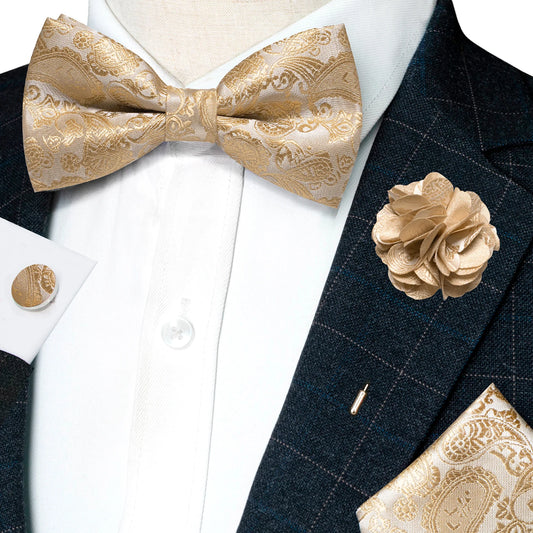 Champagne Silk Jacquard Paisley Bow Tie Set - Pre-tied Bowtie Brooch Hanky  Cufflinks for Weddings  Business - ZOOMNSTORE