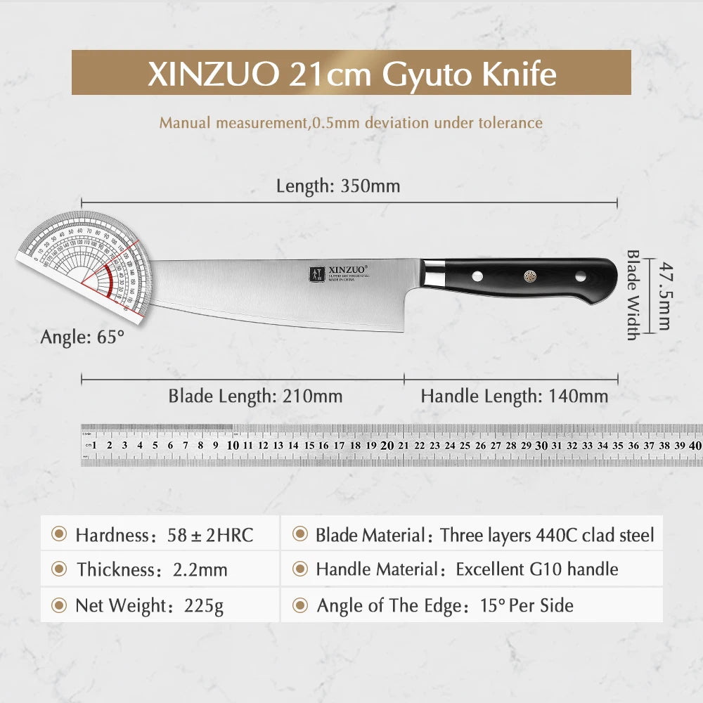 XINZUO 210mm Chef Knife - 3 Layer 440C Core Clad Steel Gyutou with G10 Handle - ZOOMNSTORE