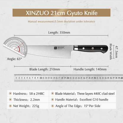 XINZUO 210mm Chef Knife - 3 Layer 440C Core Clad Steel Gyutou with G10 Handle - ZOOMNSTORE