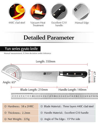 XINZUO 210mm Chef Knife - 3 Layer 440C Core Clad Steel Gyutou with G10 Handle - ZOOMNSTORE