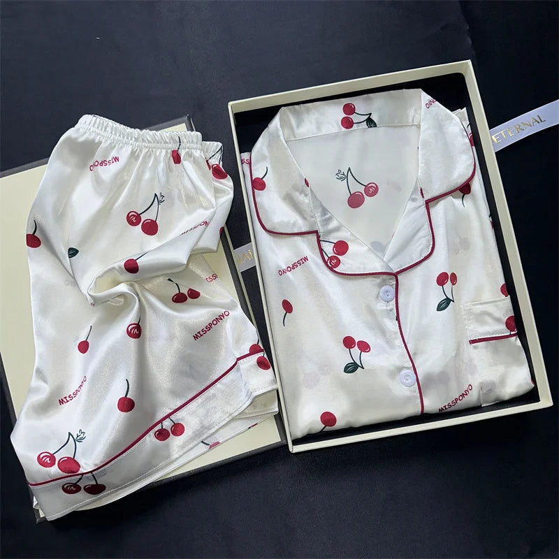 Cherry Print Pajamas Set for Women Summer Satin Two Piece Sleepwear Short Sleeve Shirt and Shorts Casual Fashion Homewear - ZOOMNSTORE