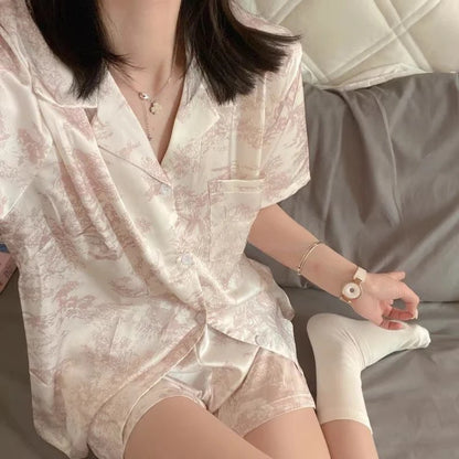 Cherry Print Pajamas Set for Women Summer Satin Two Piece Sleepwear Short Sleeve Shirt and Shorts Casual Fashion Homewear - ZOOMNSTORE