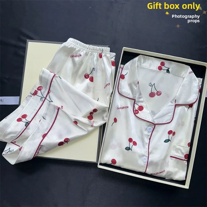 Cherry Print Pajamas Set for Women Summer Satin Two Piece Sleepwear Short Sleeve Shirt and Shorts Casual Fashion Homewear - ZOOMNSTORE