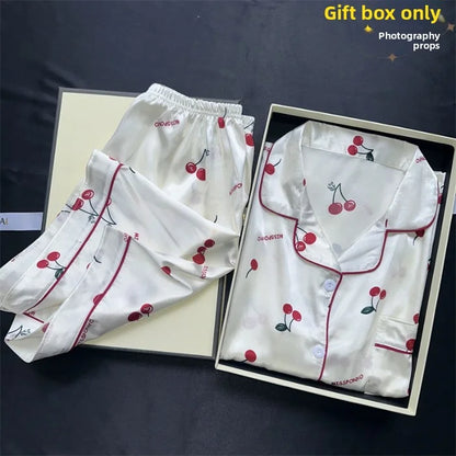 Cherry Print Pajamas Set for Women Summer Satin Two Piece Sleepwear Short Sleeve Shirt and Shorts Casual Fashion Homewear - ZOOMNSTORE