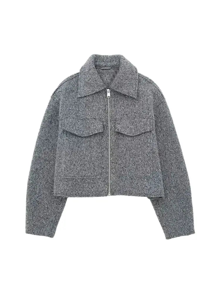 Chic Cropped Jacket - Vintage Womens Long Sleeve Zipper Coat with Pockets - ZOOMNSTORE