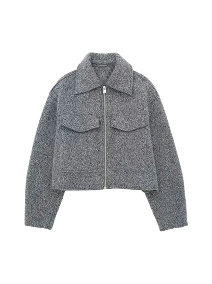 Chic Cropped Jacket - Vintage Womens Long Sleeve Zipper Coat with Pockets - ZOOMNSTORE