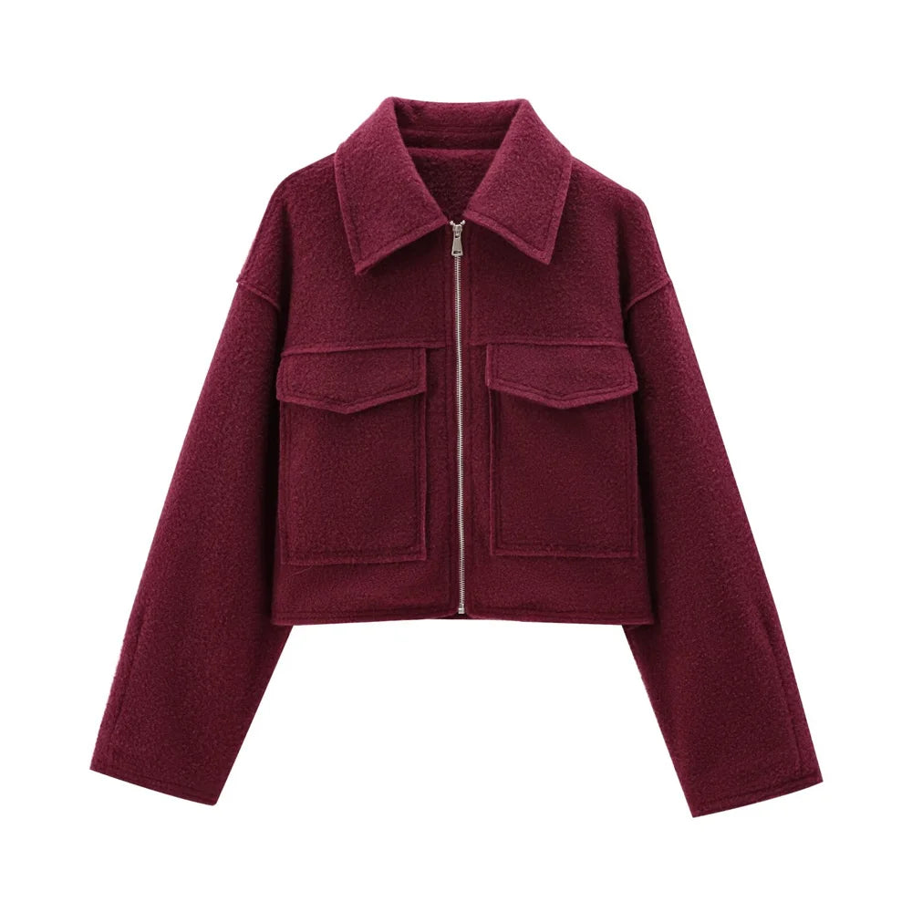 Chic Cropped Jacket - Vintage Womens Long Sleeve Zipper Coat with Pockets - ZOOMNSTORE