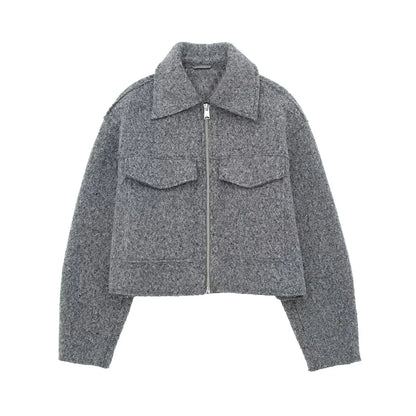 Chic Cropped Jacket - Vintage Womens Long Sleeve Zipper Coat with Pockets - ZOOMNSTORE