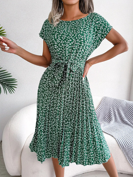 Chic Floral Pleated A-Line Dress - Womens Spring Summer Short Sleeve Fashion - ZOOMNSTORE