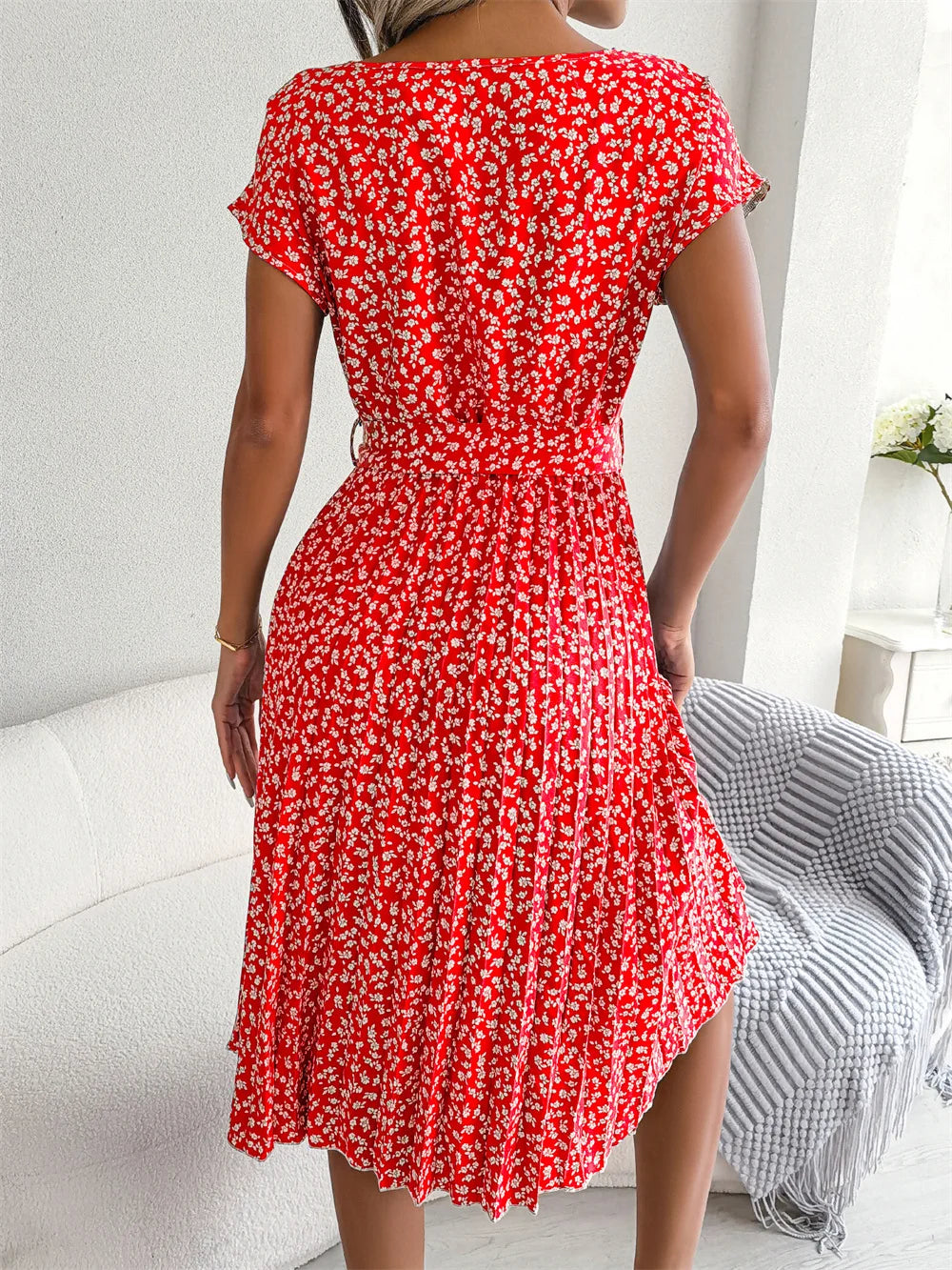 Chic Floral Pleated A-Line Dress - Womens Spring Summer Short Sleeve Fashion - ZOOMNSTORE