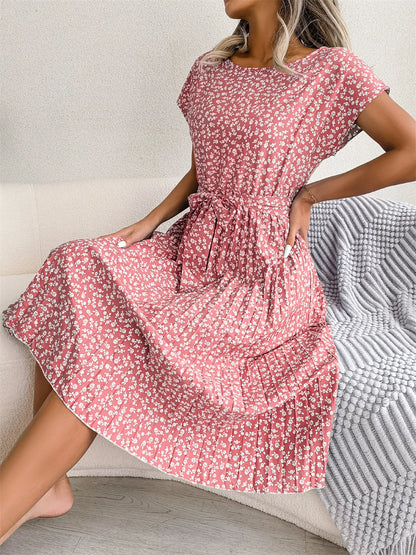 Chic Floral Pleated A-Line Dress - Womens Spring Summer Short Sleeve Fashion - ZOOMNSTORE