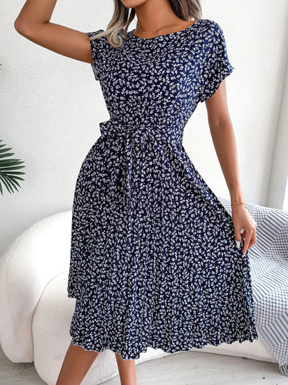 Chic Floral Pleated A-Line Dress - Womens Spring Summer Short Sleeve Fashion - ZOOMNSTORE