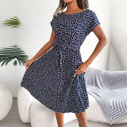 Chic Floral Pleated A-Line Dress - Womens Spring Summer Short Sleeve Fashion - ZOOMNSTORE