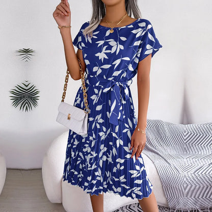 Chic Floral Pleated A-Line Dress - Womens Spring Summer Short Sleeve Fashion - ZOOMNSTORE