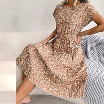 Chic Floral Pleated A-Line Dress - Womens Spring Summer Short Sleeve Fashion - ZOOMNSTORE