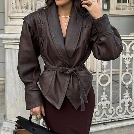 Chic Womens Faux Leather Jacket - Autumn Winter PU Coat with Dropped Shoulders - ZOOMNSTORE