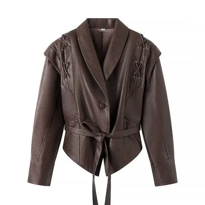Chic Womens Faux Leather Jacket - Autumn Winter PU Coat with Dropped Shoulders - ZOOMNSTORE