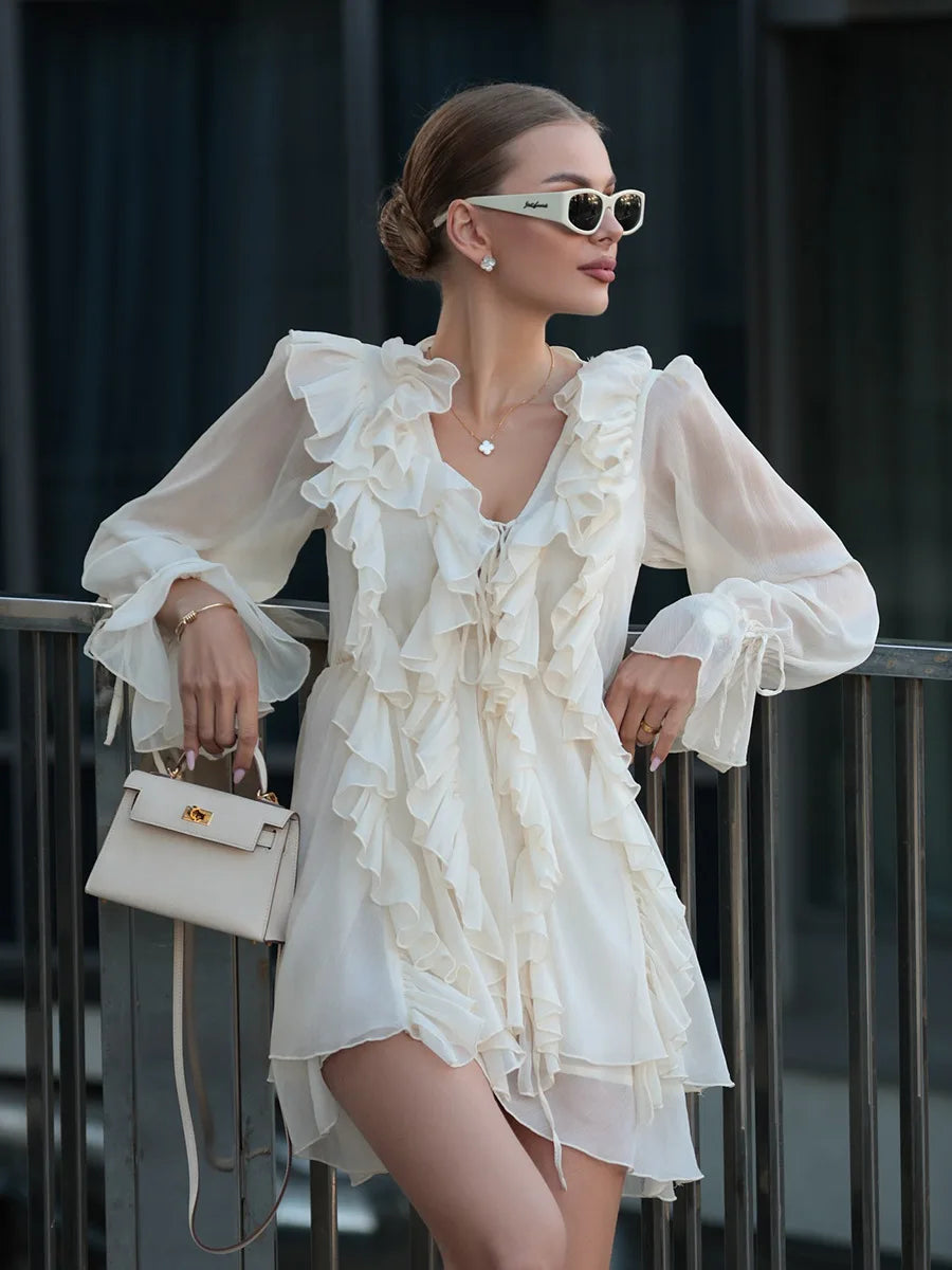 Elegant Chiffon Dress - Womens Spring Deep V Neck Lantern Sleeve Ruffle Tie Waist Skirt - ZOOMNSTORE