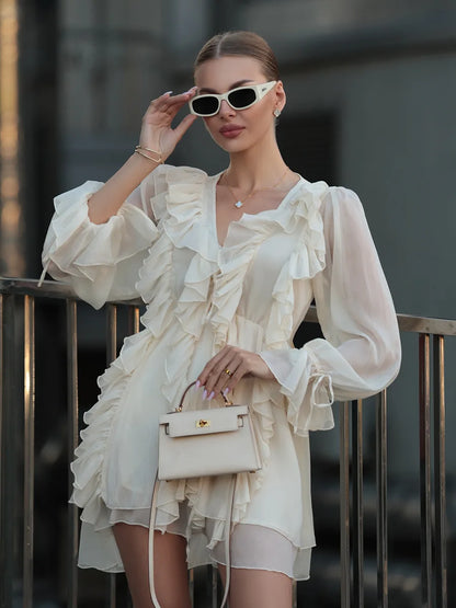 Elegant Chiffon Dress - Womens Spring Deep V Neck Lantern Sleeve Ruffle Tie Waist Skirt - ZOOMNSTORE