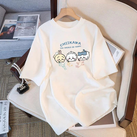 Chiikawa Cartoon Print Womens Cotton T-Shirt - Trendy Summer Loose Tee - ZOOMNSTORE