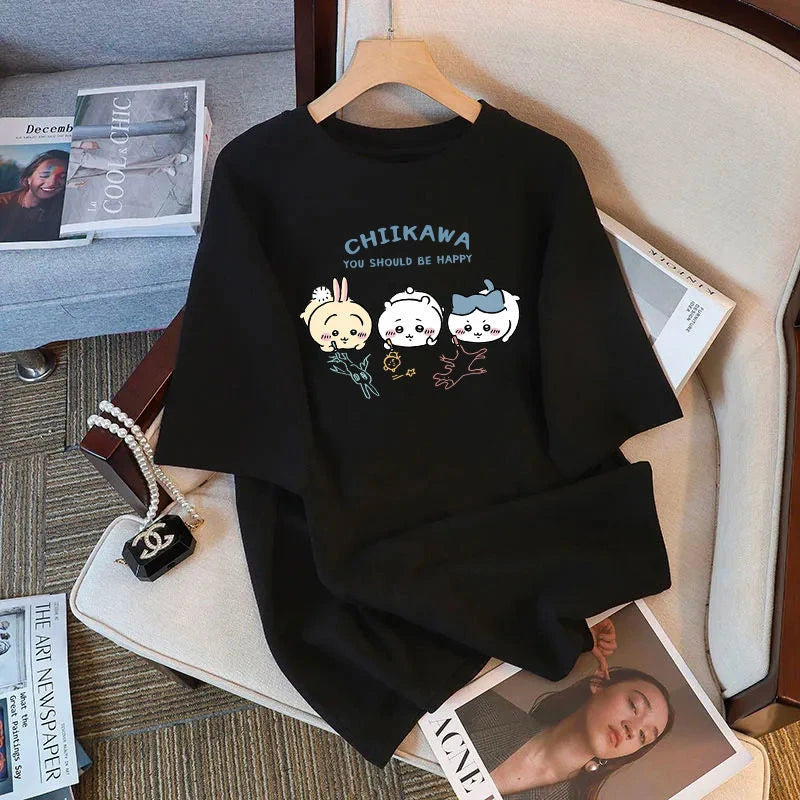 Chiikawa Cartoon Print Womens Cotton T-Shirt - Trendy Summer Loose Tee - ZOOMNSTORE