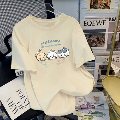 Chiikawa Cartoon Print Womens Cotton T-Shirt - Trendy Summer Loose Tee - ZOOMNSTORE