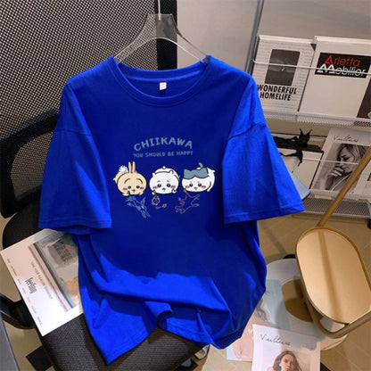 Chiikawa Cartoon Print Womens Cotton T-Shirt - Trendy Summer Loose Tee - ZOOMNSTORE