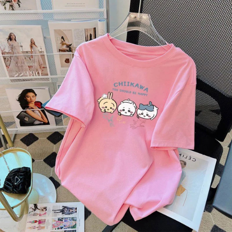 Chiikawa Cartoon Print Womens Cotton T-Shirt - Trendy Summer Loose Tee - ZOOMNSTORE