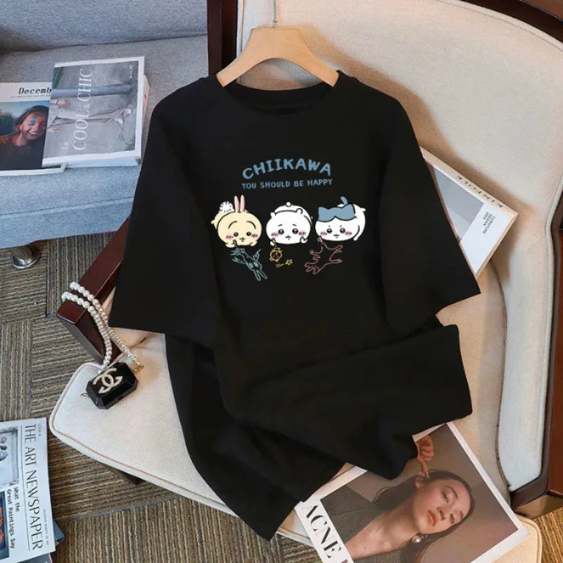 Chiikawa Cartoon Print Womens Cotton T-Shirt - Trendy Summer Loose Tee - ZOOMNSTORE